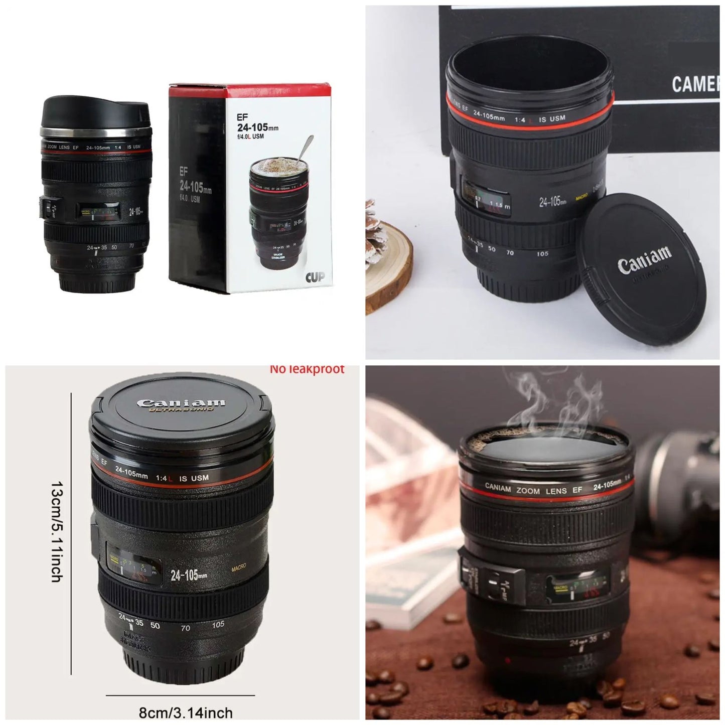 Stainless Steel Camera Lens Coffee Mug – Black & White